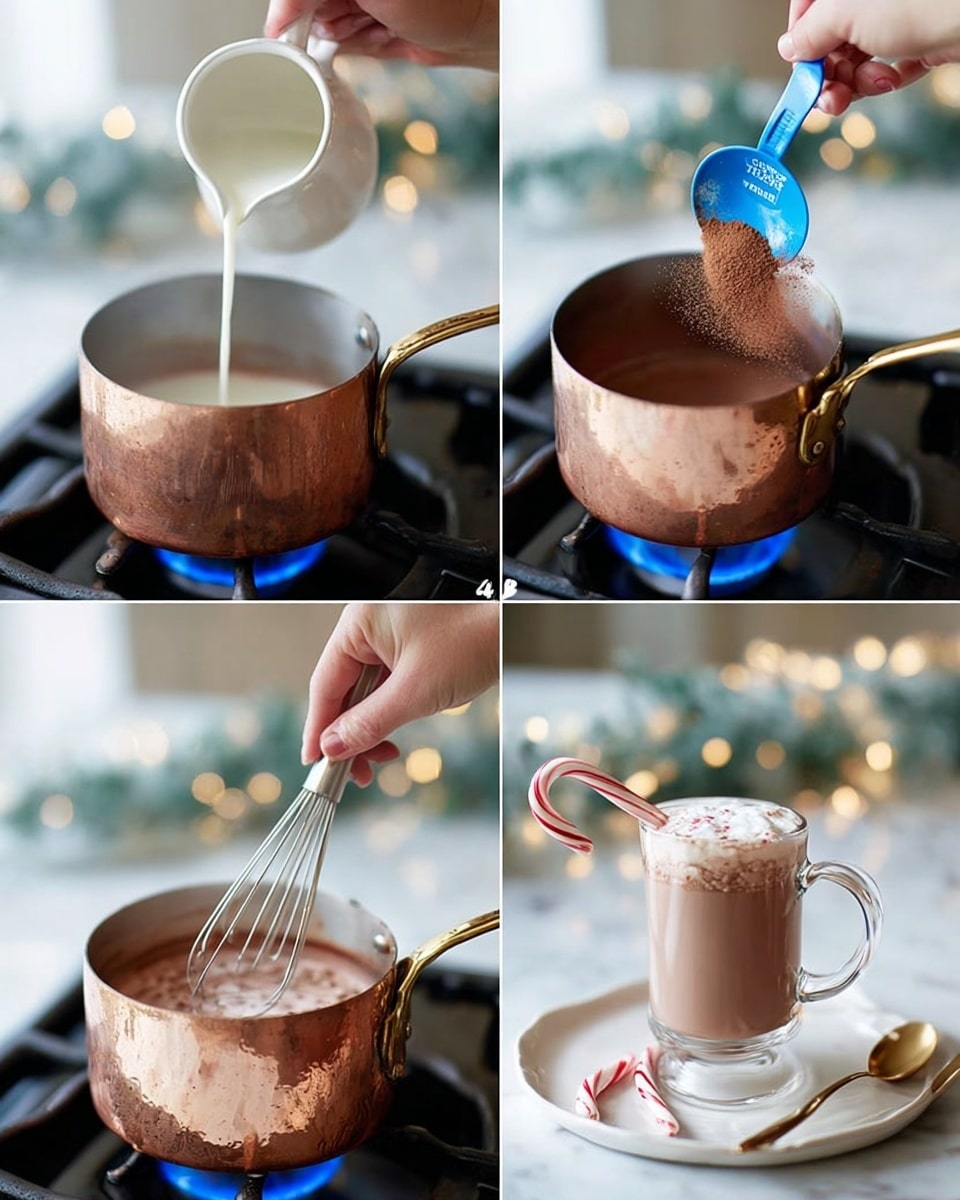 The collage shows four steps of making hot chocolate. The first image has a woman's hand pouring milk from a white cup into a copper pot on a stove with a blue flame. The second image shows a woman's hand holding a blue measuring spoon adding cocoa powder to milk in the same copper pot. The third image captures the copper pot on the stove with the hot chocolate being stirred with a small whisk; the drink is brown and frothy. The last image shows a glass mug filled with hot chocolate topped with frothy cream and a small candy cane on the side. The mug sits on a white plate, next to a gold spoon, on a soft white marbled surface. The background has soft blurred warm lights and green decorations. Photo taken with an iphone --ar 4:5 --v 7