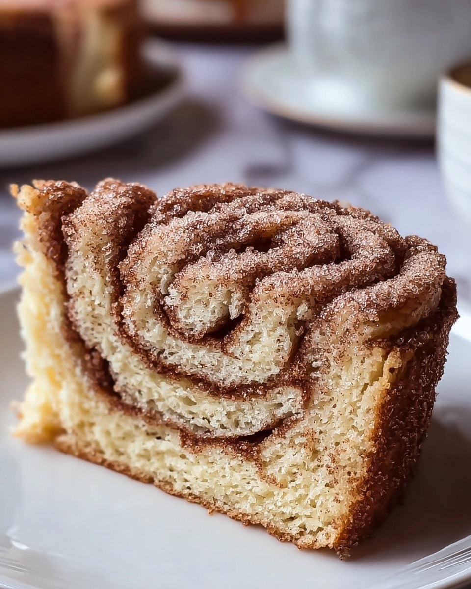 A close-up of a thick slice of cinnamon roll cake on a white plate, showing about three visible spiral layers of soft, light tan cake with a darker cinnamon swirl running through each layer. The top surface is textured with swirled ridges of cinnamon sugar, dusted evenly with granulated sugar and cinnamon powder, giving a sparkling effect. The sides of the cake are browned and slightly crisp, contrasting with the moist, porous interior. The background is softly blurred with hints of white ceramic cups, all placed on a white marbled surface. Photo taken with an iphone --ar 4:5 --v 7
