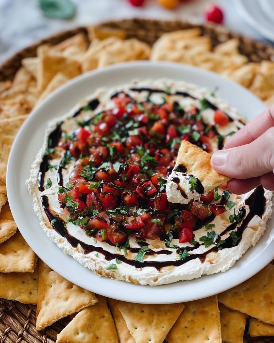 A white plate holds a flat round layer of white creamy spread, topped with small bright red diced tomatoes and scattered bright green chopped fresh herbs. Dark glossy balsamic glaze drizzles in spiral lines over the top, adding contrast. Around the plate, many light golden triangular crackers are spread on a woven basket surface. A woman's hand holds one cracker dipped with creamy spread, tomato, and balsamic glaze near the plate. The background is a white marbled texture. photo taken with an iphone --ar 4:5 --v 7
