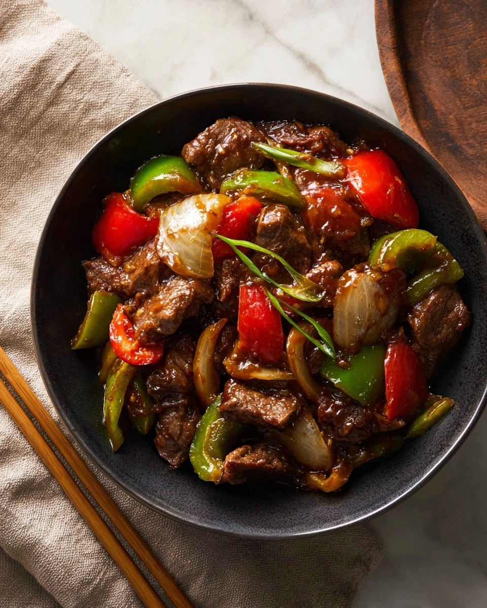 A black bowl filled with stir-fried beef pieces coated in a rich brown sauce, mixed with chunky pieces of green and red bell peppers and translucent cooked onion slices, all glistening with a slight shine. To the top left, a smaller black bowl holds fluffy white rice with soft steam rising, showing the texture of separate grains. Two wooden chopsticks rest parallel on a beige cloth that sits on a rustic wooden table. The whole scene is set on a white marbled textured surface, with soft natural lighting highlighting the colors and textures of the food. photo taken with an iphone --ar 4:5 --v 7