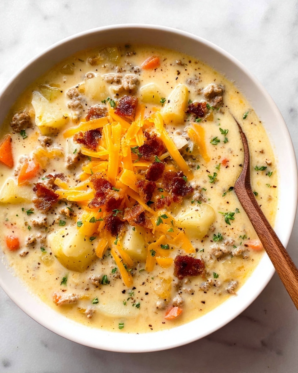 A white bowl filled with thick, creamy soup as the base layer, colored pale yellow with visible bits of ground meat and small chunks of potatoes and carrots scattered throughout, creating a textured, hearty appearance. On top, there are small pieces of crispy golden-brown bacon unevenly spread, adding a crunchy contrast. Thin strands of shredded sharp orange cheddar cheese are sprinkled across the surface, melting slightly into the warm soup. Some flecks of chopped green herbs and black pepper are scattered gently, adding hints of color and freshness. A wooden spoon rests on the right side of the bowl, partially dipped into the soup. The bowl sits on a white marbled surface. photo taken with an iphone --ar 4:5 --v 7