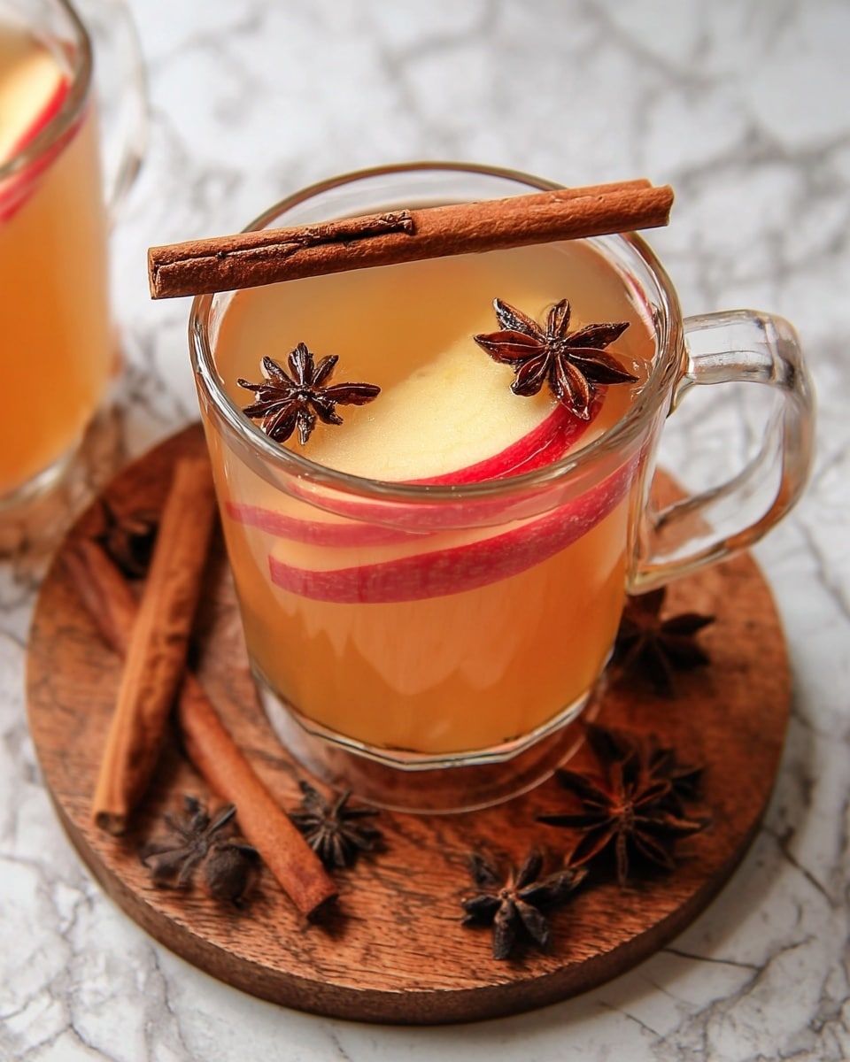 The image shows a clear glass mug filled with a warm, light brown liquid. Inside the mug, there are two red apple slices visible near the surface, along with two star anise pieces floating. Resting on top of the mug is a single cinnamon stick. The mug sits on a round wooden board with additional cinnamon sticks and star anise scattered around it. The background has been changed to a white marbled texture. photo taken with an iphone --ar 4:5 --v 7