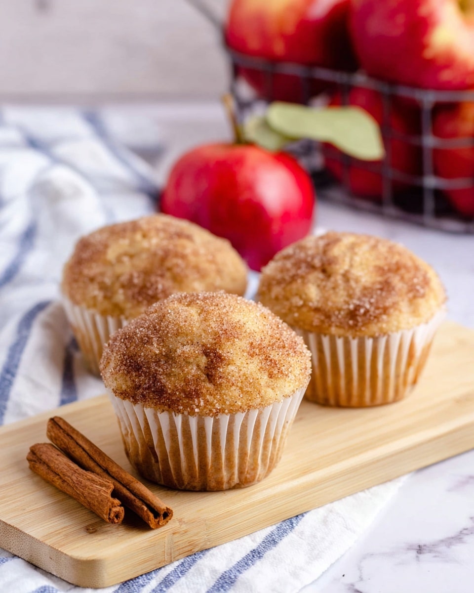 Three cinnamon sugar muffins with a golden brown crunchy top, each resting in white paper liners, are arranged on a light wooden board. Two cinnamon sticks lie diagonally in the bottom left corner of the board. Behind the muffins, there is a white cloth with blue stripes, and a red apple with a leaf is placed on the cloth. In the background, a wire basket holds more red apples, all set against a white marbled surface. photo taken with an iphone --ar 4:5 --v 7