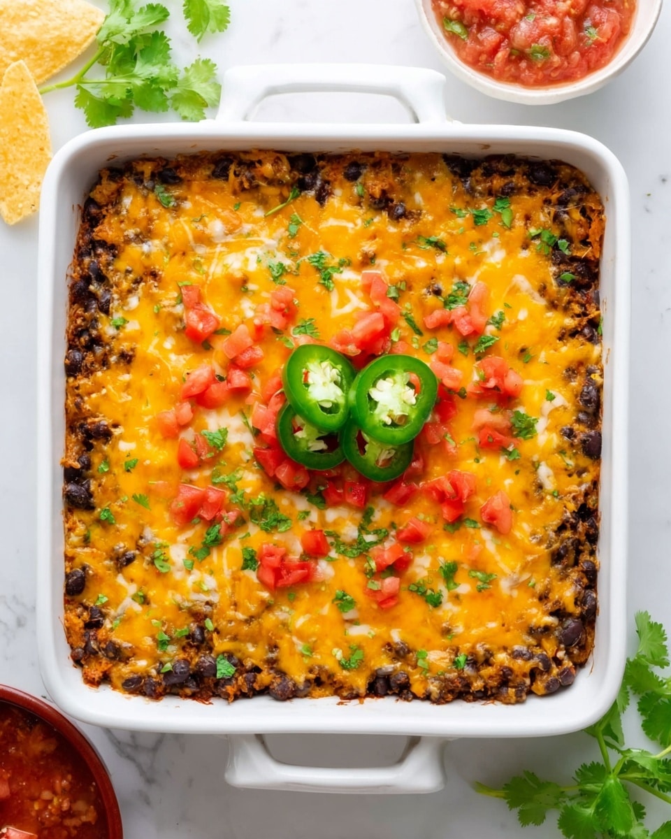 A white square baking dish filled with three visible layers: the bottom layer is dark and crumbly, the middle layer includes black beans and small bits of green herbs, and the top layer is bright orange melted cheese scattered with small pieces of red tomatoes and chopped green jalapeño slices, with three jalapeño slices placed in the center as decoration. The dish is set on a white marbled surface with cilantro leaves and a small bowl of salsa nearby. Photo taken with an iphone --ar 4:5 --v 7