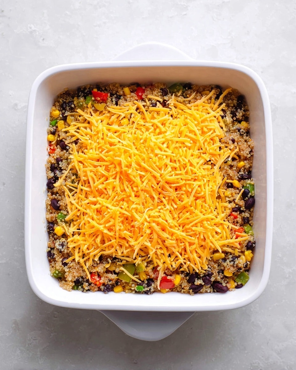 A white square baking dish filled with two visible layers; the bottom layer is a mix of quinoa, black beans, corn, diced green and red bell peppers, and chopped onions visible through the top, showing grains and small vegetable pieces with varied colors of beige, black, yellow, green, and red. The top layer is a thick, even spread of bright orange shredded cheddar cheese covering the vegetable quinoa mix completely. The dish is placed on a white marbled textured surface. photo taken with an iphone --ar 4:5 --v 7