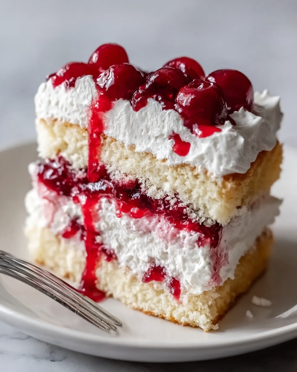 A close-up view of a square slice of layered cake on a white plate with a silver fork resting beside it. The cake has three main layers: the bottom and middle layers are light, fluffy sponge cake with a soft yellowish color. Between these sponge layers and on top is a thick layer of white, creamy whipped cream, which looks smooth and fluffy. There are vibrant red strawberry pieces and a thick strawberry sauce in the middle layer and on top of the whipped cream, with some whole strawberries placed on the cake's top layer. The cake sits on a white marbled surface, and the lighting is soft, highlighting the fresh and glossy texture of the strawberries and the lightness of the cream photo taken with an iphone --ar 4:5 --v 7