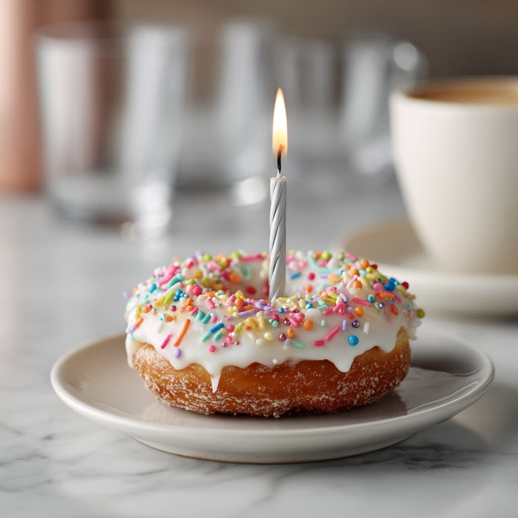 A single glazed donut sits on a small white plate, topped with thick white icing that covers the top half and bright colorful sprinkles scattered across the icing. A lit, thin white candle with gray stripes is placed in the center hole of the donut, with flames flickering gently. The scene is set on a white marbled surface with a soft, blurred background of glasses and cups. photo taken with an iphone --ar 4:5 --v 7