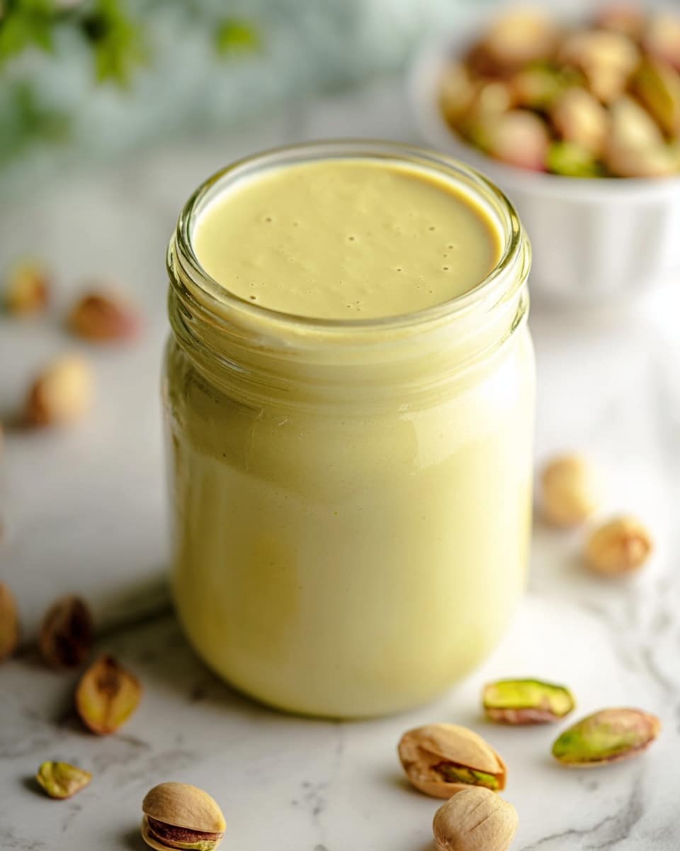 A glass jar filled to the top with smooth, creamy, pale green pistachio butter, showing a soft, even texture and a few tiny bubbles on the surface. The jar sits on a white marbled surface scattered with whole and shelled pistachios, some in soft focus. In the background, there is a small white bowl with more pistachios, and a hint of green plants blurred out. The lighting is soft and natural, giving a fresh and inviting look. photo taken with an iphone --ar 4:5 --v 7