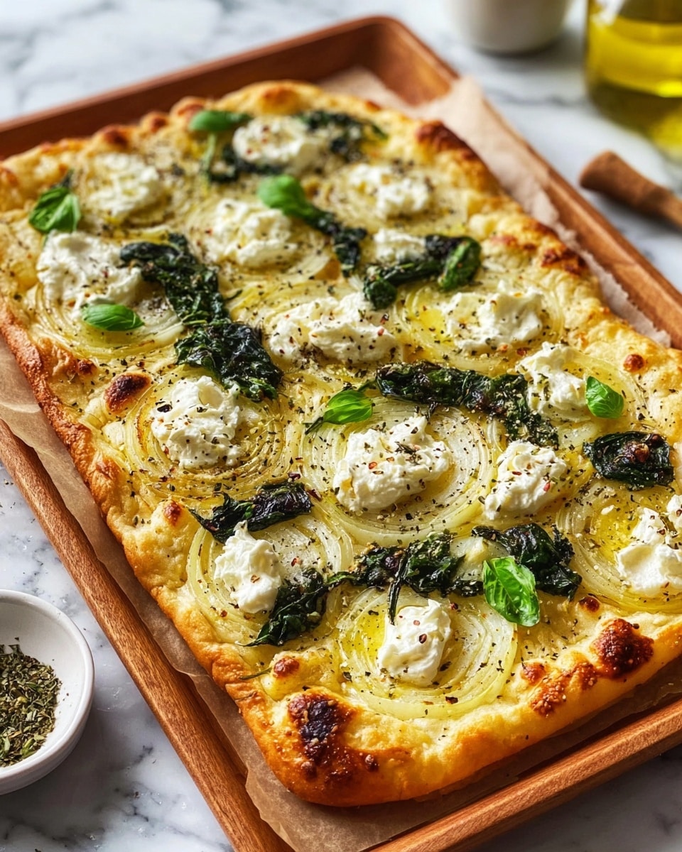 A rectangular pizza sits on a wooden tray lined with baking paper, placed on a white marbled surface. The pizza has a golden-brown crust with small blistered spots around the edges. The base is covered with a layer of cooked, light yellow onion slices spread evenly across. There are scattered dollops of creamy white ricotta cheese and wilted dark green spinach leaves layered on top. Small fresh green basil leaves add a pop of color in spots. The whole pizza is lightly sprinkled with black pepper and dried herbs. In the background, a white bowl with green dried herbs and a small clear glass bottle of olive oil are visible. Photo taken with an iphone --ar 4:5 --v 7