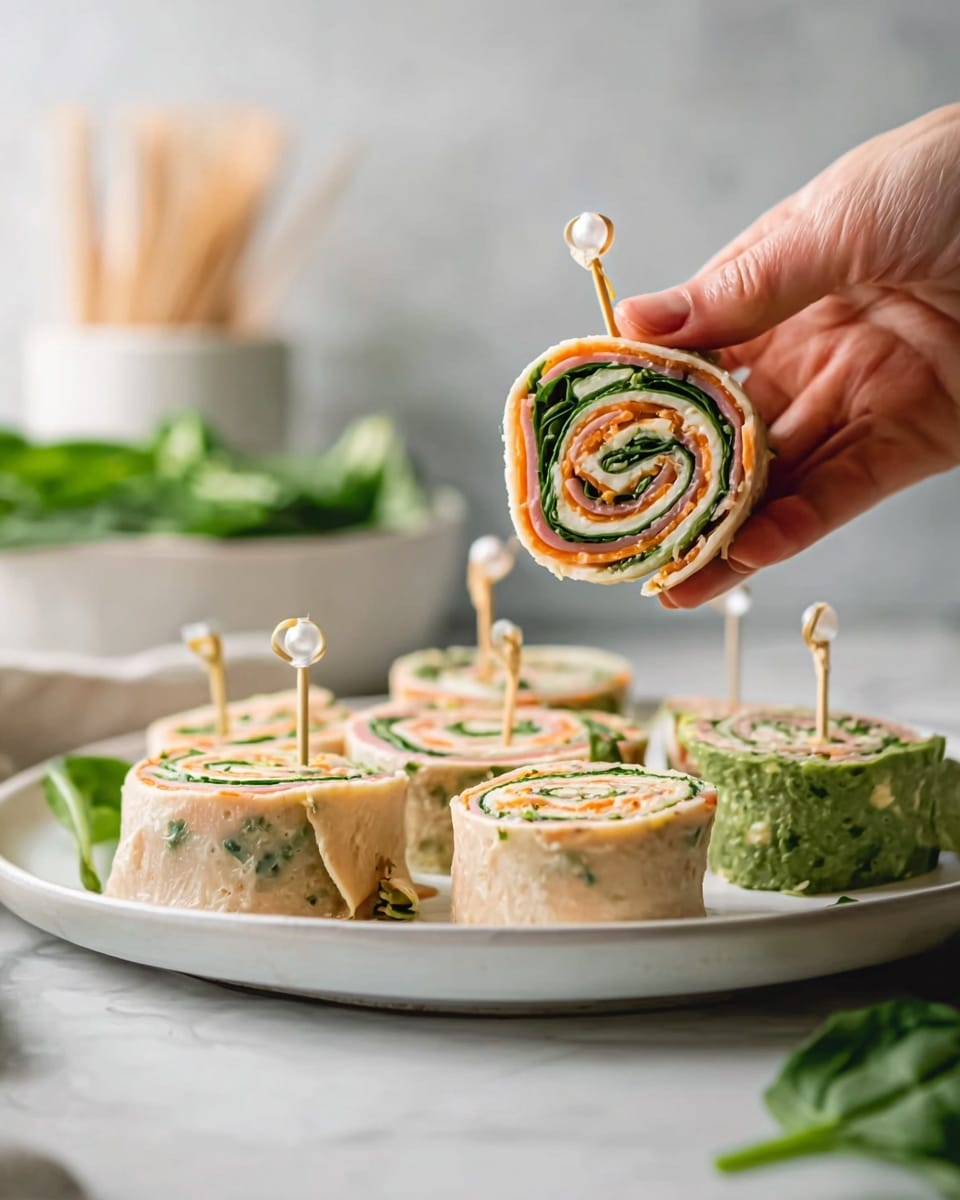 A white plate sits on a white marbled surface filled with small sandwich pinwheels made from two types of wraps: one light beige and the other green. Each pinwheel is cut into thick round slices and filled with multiple visible layers including a green spinach layer tightly rolled in the center, surrounded by orange cheese, pink ham, and a creamy white spread. A woman's hand pinches one green pinwheel from above using a toothpick with a small white pearl on top. The scene is softly lit with a blurred background showing leafy greens in a white bowl and a white container holding more toothpicks. photo taken with an iphone --ar 4:5 --v 7