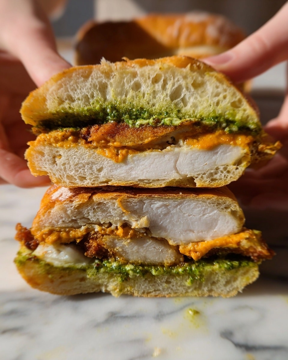 A close-up of a sandwich held by two woman's hands showing a cross-section with three main layers: the top layer is a soft, airy bread with a golden crust spread with green pesto sauce; below it is a thick, crispy fried chicken fillet with a crunchy golden-brown coating; underneath the chicken is a layer of creamy orange sauce soaking into the bottom half of the same soft bread, which also has a golden crust. The sandwich rests on a white marbled surface. photo taken with an iphone --ar 4:5 --v 7