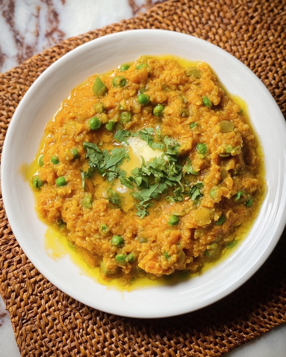 A white plate holds a thick, orange-yellow dish made of cooked lentils and green peas mixed throughout, giving it a slightly chunky texture. In the center, a small melting pat of butter softens into the warm food, creating a shiny, smooth layer, and fresh green coriander leaves lie on top for garnish. The dish looks creamy and moist, with some yellowish oil pooling slightly around the edges. The plate is set on a woven brown mat with a white marbled surface beneath. photo taken with an iphone --ar 4:5 --v 7