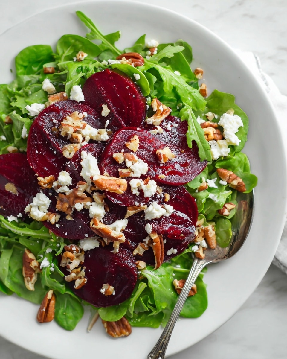 A white plate holds a fresh salad with three main layers: the bottom layer is a mix of bright green leafy arugula and spinach, the middle layer consists of deep red, glossy sliced beets arranged evenly over the greens, and the top layer is sprinkled with small white crumbles of goat cheese and chopped light brown pecans, adding texture and contrast. A silver spoon rests on the plate’s edge. The plate sits on a white marbled surface. photo taken with an iphone --ar 4:5 --v 7