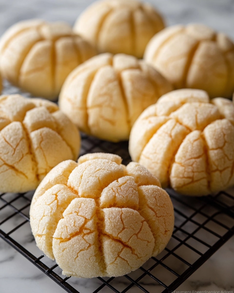 The image shows eight round Mexican sweet breads called conchas cooling on a black wire rack. Each concha has one layer with a soft, slightly pale yellow bread base topped by a thick shell-like sugar crust layer in a light beige color. The top sugar layer is patterned with a grid of curved lines forming sections that look like shell segments. The bread's texture appears soft and fluffy beneath the cracked sugar shell that has a slightly grainy surface from sugar. The background is a soft, out-of-focus white marbled texture. Photo taken with an iphone --ar 4:5 --v 7