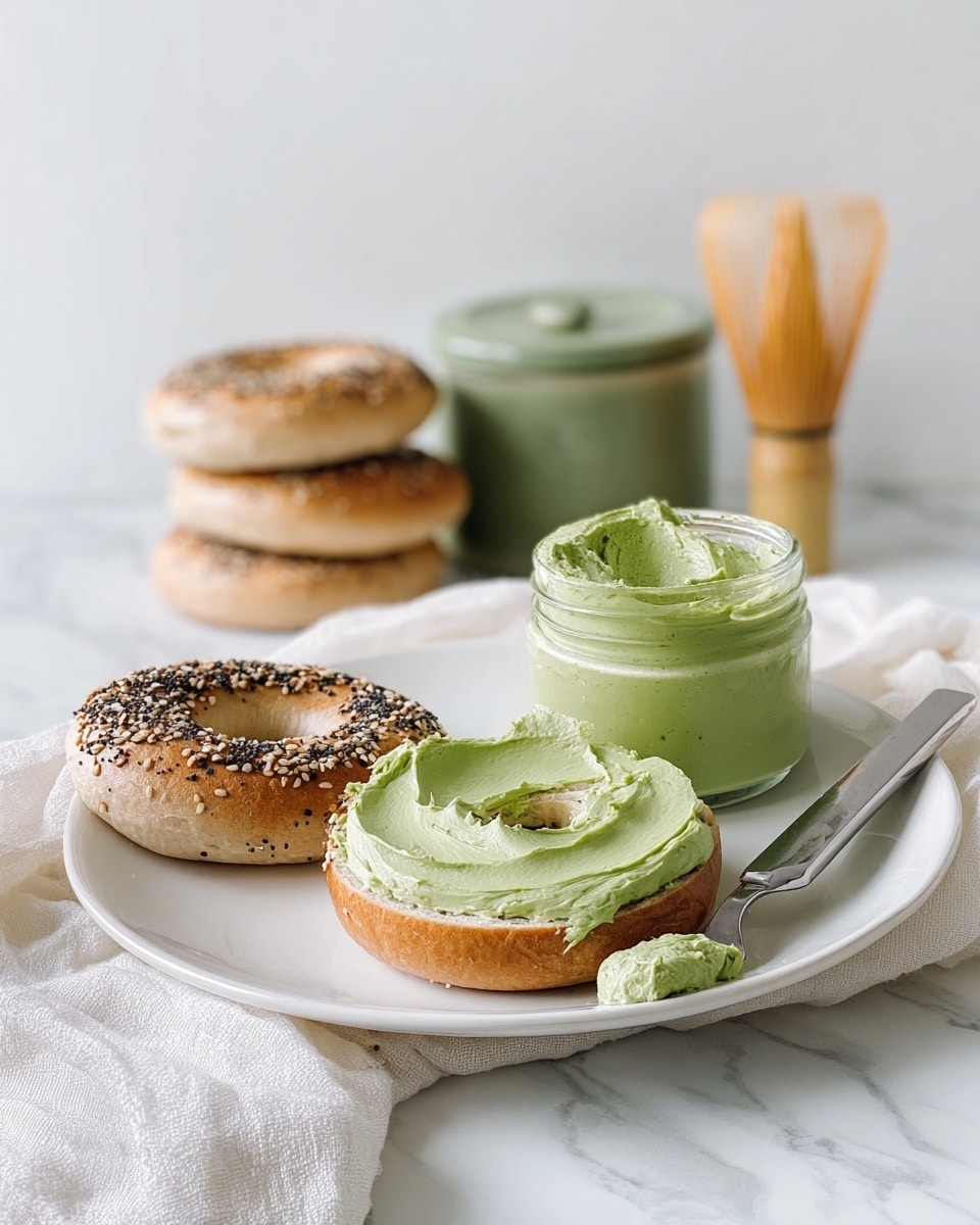 A white plate holds two halves of a bagel spread with a thick, smooth layer of light green cream cheese, each half showing the soft, light beige inside of the bagel and the seeded, slightly toasted crust. Behind them, a small clear jar filled with the same green spread is placed on the plate with a silver butter knife resting on the edge, also smeared with the spread. In the background, two stacked bagels sit slightly blurred, and a bamboo matcha whisk and a green-lid container are set against a clean white wall and a surface with white marbled texture. A soft white cloth is partially visible in the foreground. Photo taken with an iphone --ar 4:5 --v 7