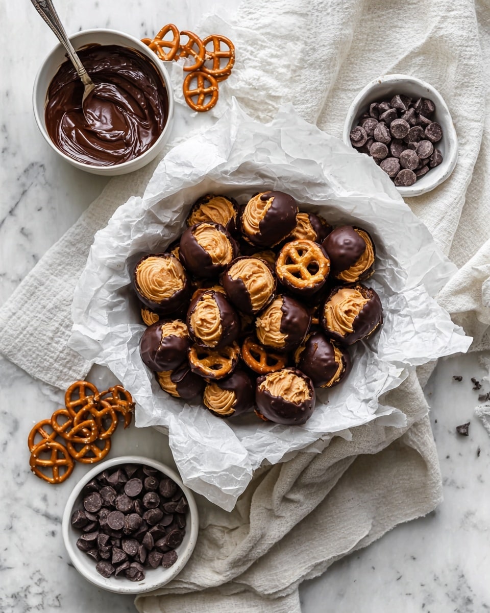 A white bowl lined with crumpled white parchment paper holds small round pretzel bites, each with a light brown pretzel outer layer, a beige peanut butter center, and half dipped in shiny dark chocolate coating. Surrounding the bowl are small white dishes, one with smooth melted dark chocolate and a spoon inside, and another with dark chocolate chips and some plain pretzels. The setting is on a white marbled surface with a crumpled white cloth nearby, creating a clean and textured background. Photo taken with an iphone --ar 4:5 --v 7