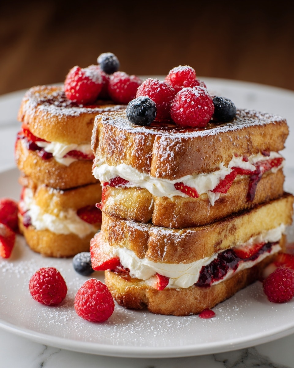 Three pieces of thick French toast sandwiches are stacked side by side on a white plate, each sandwich made of two golden brown, slightly crispy slices of bread dusted with powdered sugar. Between each slice are layers of white cream and red berry jam, with small pieces of strawberries peeking out. On top of each sandwich, fresh red raspberries and a dark blueberry are placed, some dusted with powdered sugar. Additional raspberries and blueberries are scattered around the plate on a white marbled surface. photo taken with an iphone --ar 4:5 --v 7