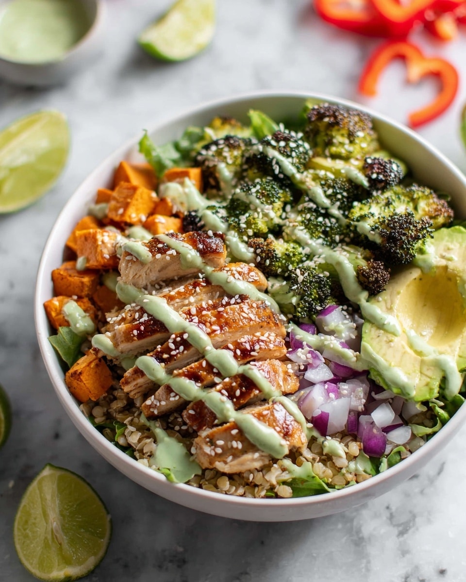 A white bowl filled with a colorful layered salad, starting with a base of chopped green lettuce and grains, topped with roasted green broccoli florets with slightly charred edges, bright orange sweet potato cubes, tender light brown grilled chicken strips, diced purple-red onions, and a few bright green avocado slices on the side. The whole dish is drizzled with a light green creamy dressing and sprinkled with white sesame seeds, all placed on a white marbled surface with scattered lime halves and red pepper slices in the background. Photo taken with an iphone --ar 4:5 --v 7
