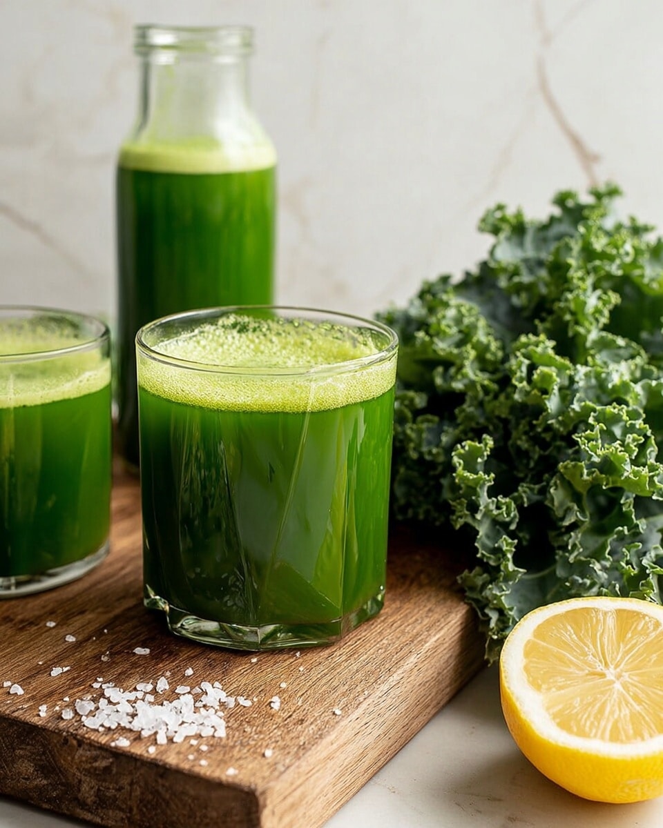 The image shows two clear glasses and one clear carafe filled with bright green juice, placed on a wooden cutting board with some coarse salt sprinkled around. The juice has a smooth texture with a slight froth on top. To the right, there is a bunch of fresh, curly kale leaves with deep green color, and a lemon wedge with bright yellow skin and juicy interior rests partially on the kale. The background features a white marbled texture, and the setup is well-lit, showcasing the fresh and healthy ingredients. Photo taken with an iphone --ar 4:5 --v 7
