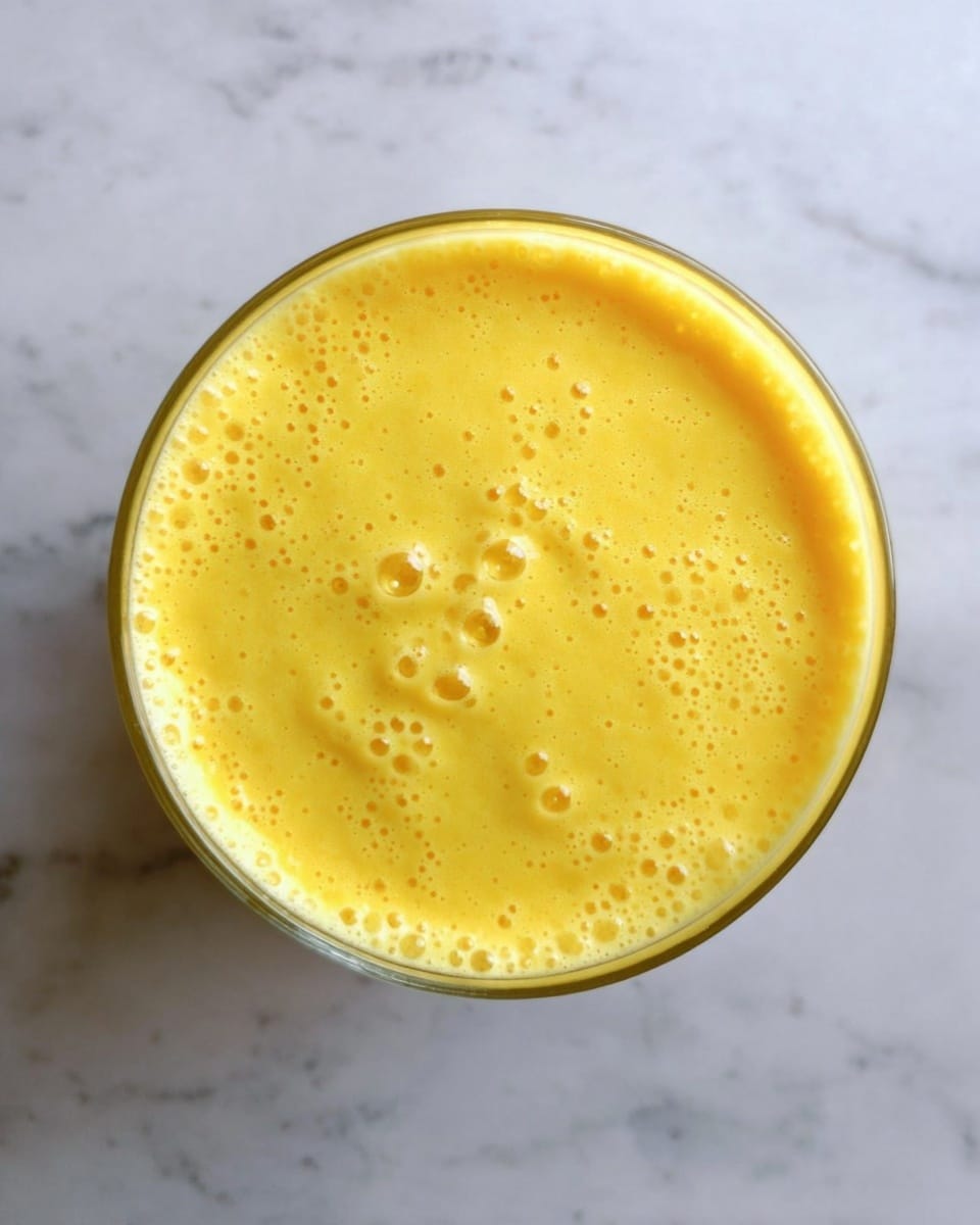 A top-down view of a glass filled with a thick, bright yellow smoothie. The surface of the smoothie is creamy with small bubbles scattered across, showing a smooth and frothy texture. The glass is placed on a white marbled surface, emphasizing the vibrant yellow color of the drink. photo taken with an iphone --ar 4:5 --v 7