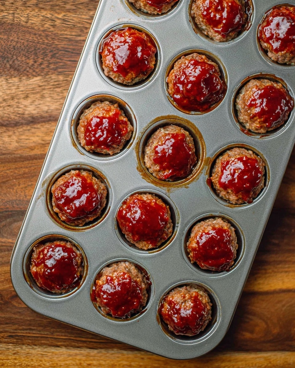 A metal muffin tray with twelve cups, each filled with a small, round meatloaf topped with a shiny, thick layer of reddish-brown glaze. The glaze is unevenly spread, with some areas darker and more caramelized, giving a glossy and slightly textured look. The meatloaf bases are a light brownish-gray color, compact and firm, contrasting with the smooth, sticky top layer. The tray rests on a wooden surface but should be imagined on a white marbled texture. photo taken with an iphone --ar 4:5 --v 7