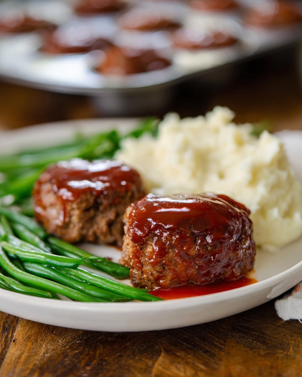 A white plate holds a meal with three main layers: in the front, two thick, round meatloaf patties with a rich, shiny reddish-brown sauce covering their tops and dripping slightly onto the plate, showing a moist and dense texture. Behind them, there is a generous serving of creamy, smooth mashed potatoes in a light cream color, forming a soft mound. To the left side of the plate, there is a neat stack of bright green, glossy green beans with a fresh and crisp look. The plate sits on a wooden surface, with a blurred background showing a muffin tray with more meatloaf patties. Photo taken with an iphone --ar 4:5 --v 7