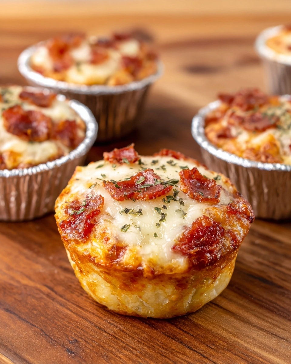 The image shows several small pizza muffins in silver foil cups placed on a wooden surface. The pizza muffin in front has a golden-brown crust base that looks crispy. On top, there is a layer of melted mozzarella cheese with a stretchy texture and white color. Scattered over the cheese are small pieces of reddish-brown pepperoni, and the top is sprinkled with green dried herbs. The other muffins in the background have similar layers and toppings. Photo taken with an iphone --ar 4:5 --v 7