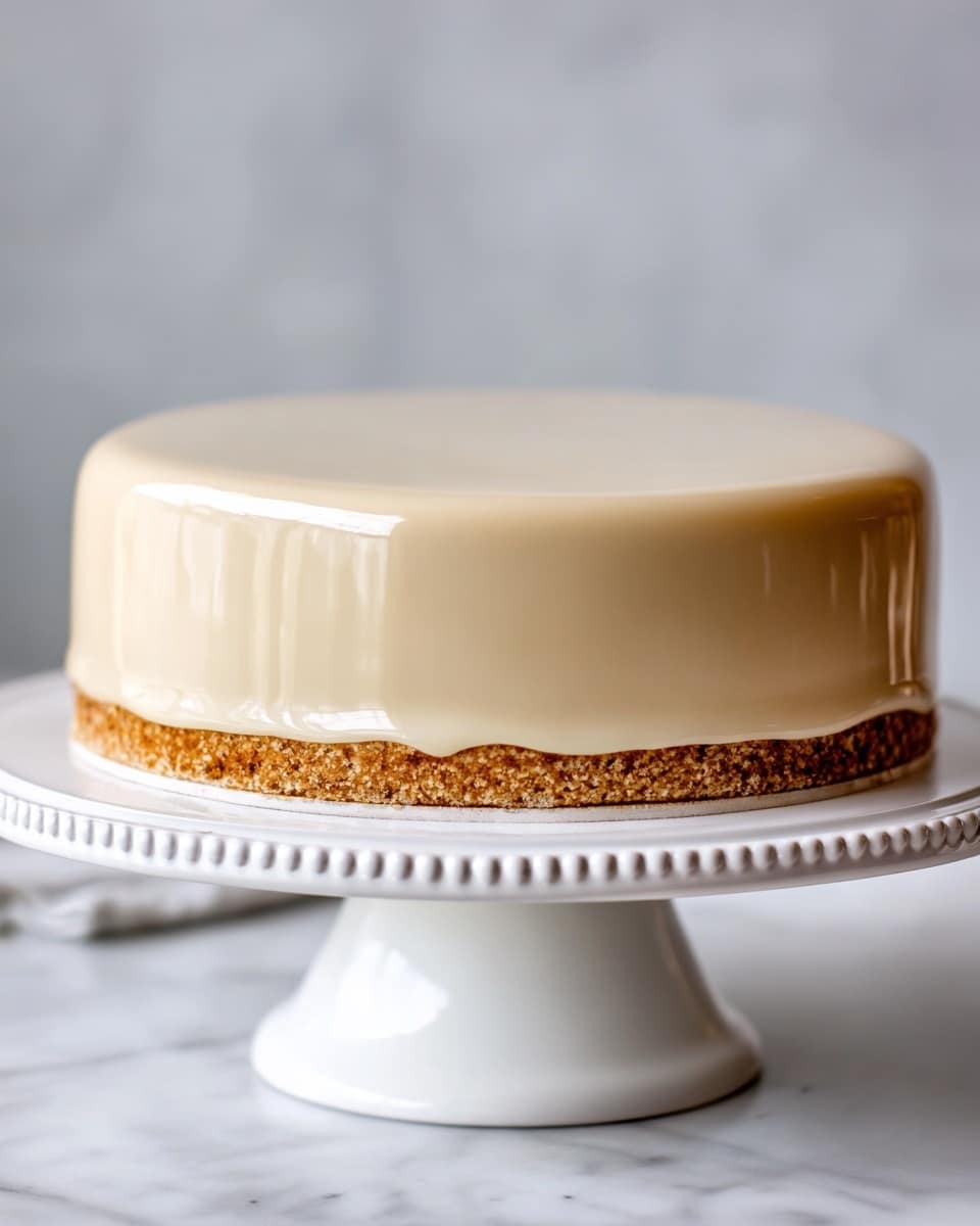 A shiny cake with two layers is placed on a white cake stand with a round, dotted edge. The bottom layer is a thin, light brown crumbly crust, and the top layer is a smooth, creamy, pale beige glaze that covers the cake fully, with a soft drip at the bottom edge. The cake is set on a white marbled surface, and the background is softly blurred with light gray tones. photo taken with an iphone --ar 4:5 --v 7