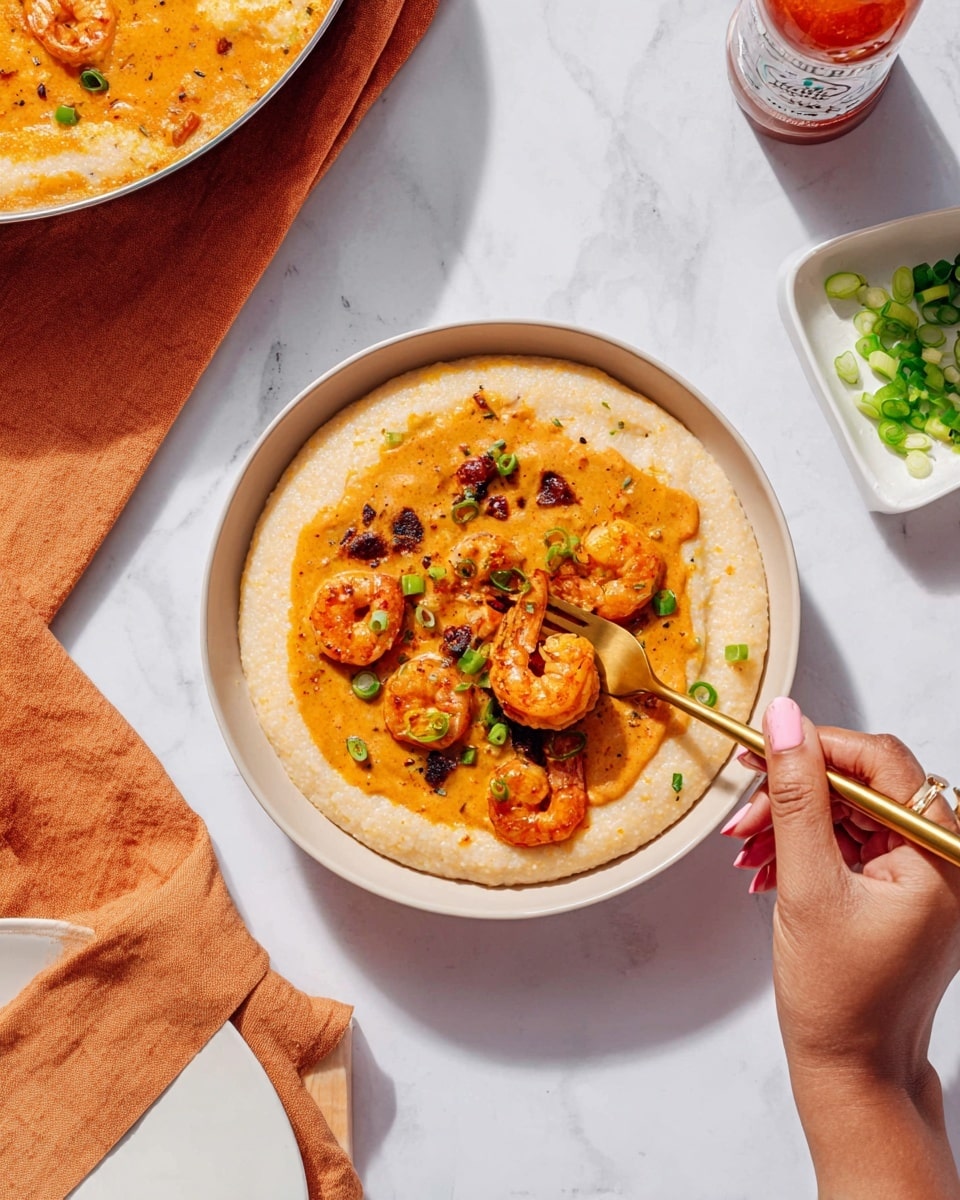 The image shows a white plate with a thick flatbread topped with a creamy orange sauce and several round, golden-brown shrimp pieces spread evenly on top. Some small green garnishes and dark dots, likely olives or capers, are sprinkled throughout the dish, adding contrast. A woman's hand is holding a green and red bottle of hot sauce tilted towards the plate, while another woman's hand holds a golden fork, stabbing into one shrimp piece. The background is a white marbled surface with some scattered green herbs and a small white bowl nearby. Photo taken with an iphone --ar 4:5 --v 7