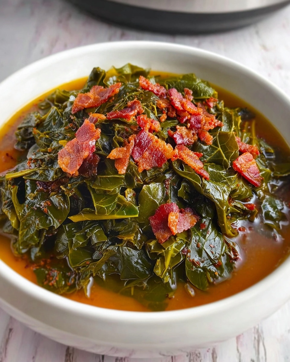 A white bowl filled with cooked dark green leafy collard greens submerged in a rich brown broth, with small pieces of crispy reddish-brown bacon scattered on top, creating a mix of textures and colors; the dish looks warm and hearty, sitting on a white marbled textured surface in soft natural light. photo taken with an iphone --ar 4:5 --v 7