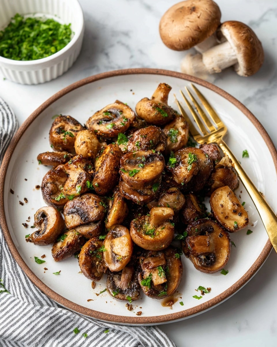 The image shows a plate full of sautéed mushrooms, cut into halves and quarters, with a rich golden-brown color and a slight shine from cooking oil, sprinkled with small pieces of bright green parsley. The mushrooms are stacked loosely on a white ceramic plate with a brown rim, and a golden fork rests on the right side of the plate. In the background, there are a few whole mushrooms and a white bowl with more chopped herbs, all placed on a white marbled surface. A striped cloth is partly visible in the lower left corner. photo taken with an iphone --ar 4:5 --v 7