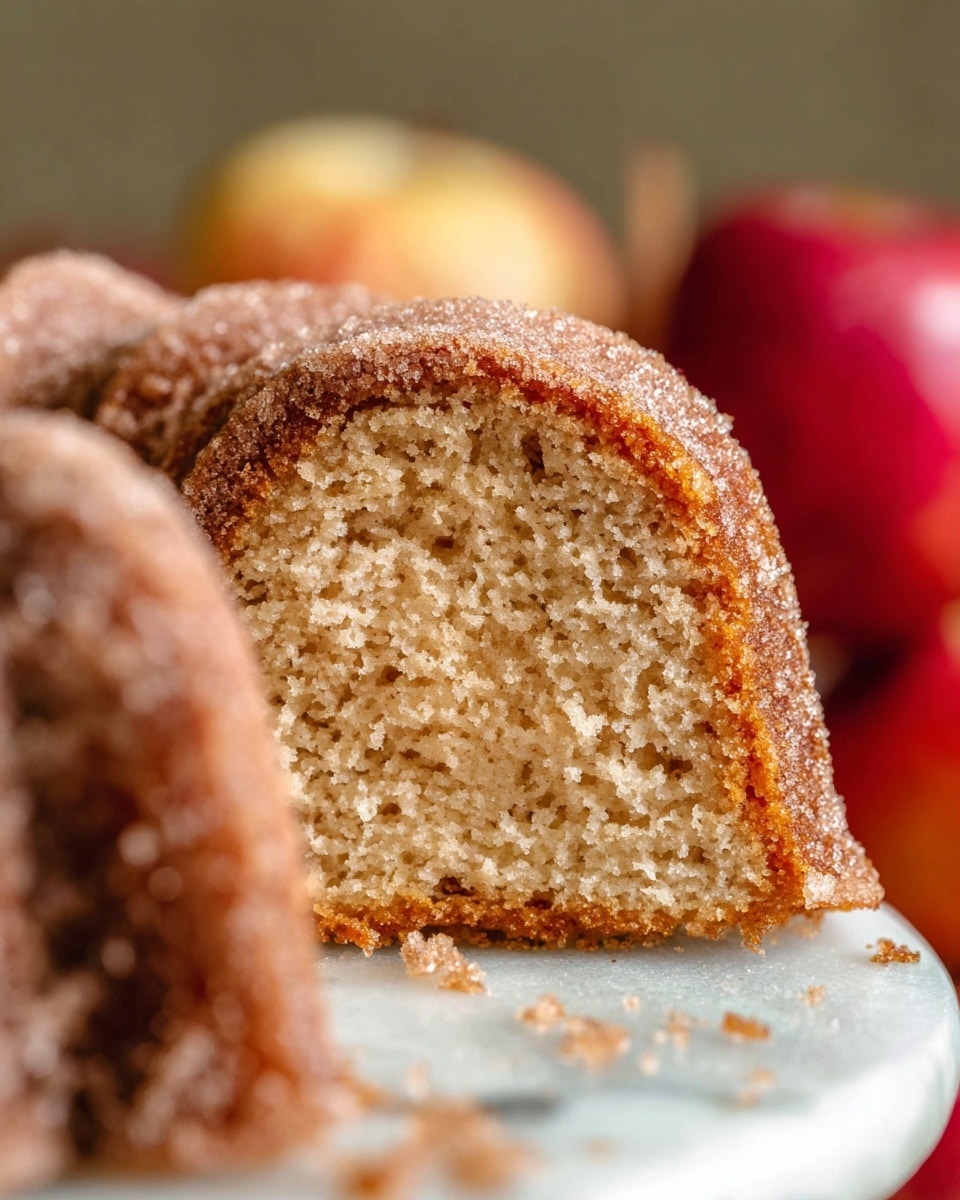 A close-up view of a single slice of a bundt cake with a light brown, soft and airy inside texture, and a darker golden-brown crust covered with a sugary coating. The cake slice is held above a white marbled surface with some crumbs falling below it. In the blurred background, there are red and yellow apples adding warm color contrasts. Photo taken with an iphone --ar 4:5 --v 7
