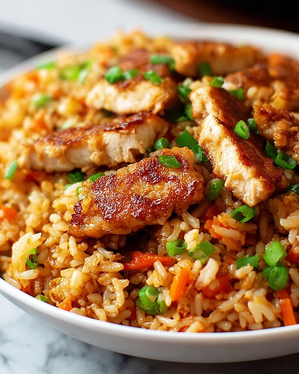 A close-up view of a white bowl filled with fried rice layered with small white rice grains lightly coated with a golden brown sauce, mixed with orange carrot pieces and bright green chopped scallions scattered throughout. The dish is topped with several nicely browned, slightly crispy pieces of chicken that have a textured, seared surface. The background shows a soft, white marbled texture that contrasts with the warm colors of the food. photo taken with an iphone --ar 4:5 --v 7