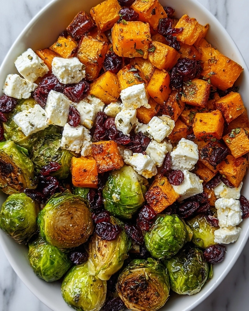 The image shows a close-up of a colorful roasted vegetable dish on a white plate on a white marbled surface. It has three visible layers: the first layer is bright orange roasted butternut squash cubes with a lightly browned and soft texture, the second layer consists of green roasted Brussels sprouts with slightly crispy outer leaves, and the third layer is white chunks of feta cheese scattered on top, some slightly melted with a creamy texture. Small dark dried cranberries are mixed throughout, adding a contrasting color. photo taken with an iphone --ar 4:5 --v 7