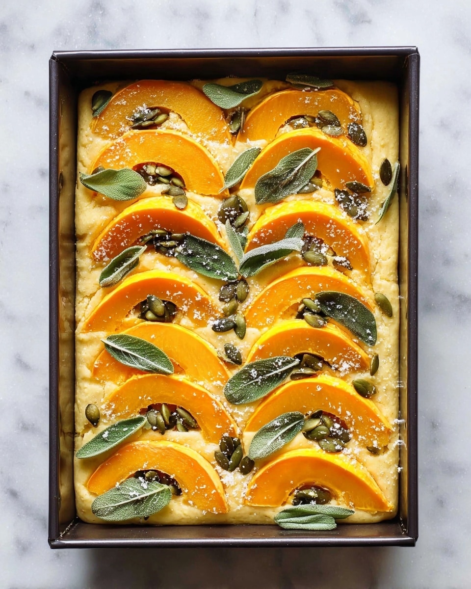 The image shows a rectangular black baking tray filled with pale yellow dough as the base layer. On top, there are evenly spaced bright orange pumpkin slices arranged in rows, each slice curved like a crescent. Inside each pumpkin slice, there is a pile of dark green pumpkin seeds adding texture. Fresh green sage leaves are scattered across the top layer, adding a touch of softness and color contrast. Coarse white salt crystals are sprinkled over the entire surface, giving a sparkling effect. The tray is placed on a white marbled textured surface with small drops of oil around it. Photo taken with an iphone --ar 4:5 --v 7
