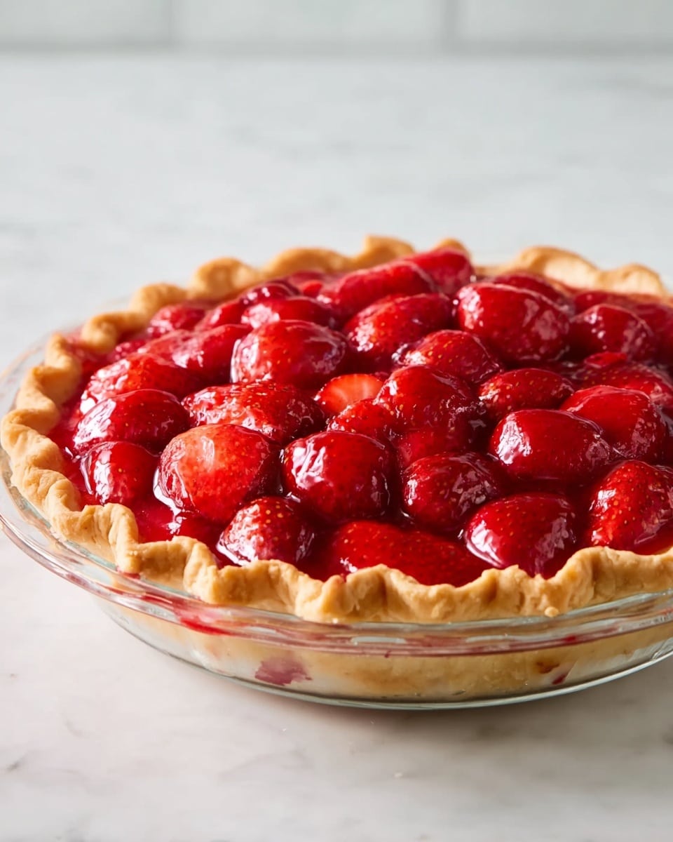 A clear glass pie dish holds a three-layered strawberry pie set on a white marbled surface. The bottom layer is a golden-brown baked crust with crimped edges, topped by a thick, juicy layer of bright red strawberry filling. The top layer is made up of whole and halved glossy red strawberries, each covered with a shiny glaze that reflects light. photo taken with an iphone --ar 4:5 --v 7