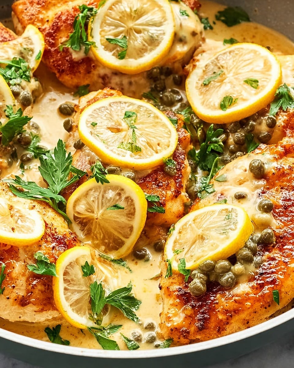 The image shows a close-up of several pieces of golden-brown cooked chicken in a white pan, each topped with a creamy, light yellow sauce that has a smooth texture and is dotted with small green capers. On top of the chicken are thin, bright yellow lemon slices and fresh green parsley leaves scattered over the dish. The chicken pieces have a slightly crispy, browned surface visible beneath the sauce, and the sauce has a glossy, rich finish. The pan sits on a white marbled surface. photo taken with an iphone --ar 4:5 --v 7
