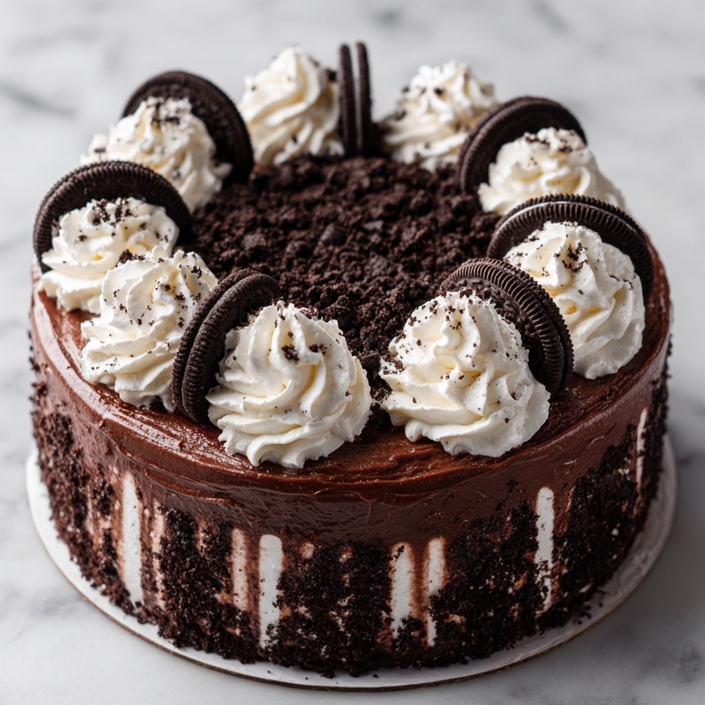 The image shows a slice of cookies and cream pie on a white plate over a white marbled surface. The pie has three layers: a dark brown crumbly crust at the bottom, a thick middle layer of creamy white filling with dark cookie bits mixed in, and a top layer covered with crushed cookie crumbs. The pie slice is decorated with two swirls of white whipped cream on its back edge. A blue and green striped candle is inserted in the cream near the front. In the background, part of the whole pie is visible with the same layers and cream topping. Also seen are two striped candles, one red and yellow, lying on the surface near the plates. photo taken with an iphone --ar 4:5 --v 7