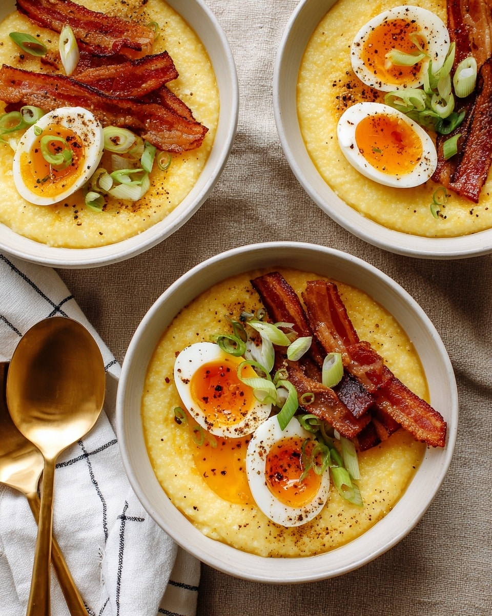 The image shows three white bowls filled with creamy yellow grits topped with three main ingredients. Each bowl has a base layer of smooth, creamy yellow grits with a slight texture. On top of the grits, there are crispy, reddish-brown bacon strips placed mostly to one side. Next to the bacon, there are halved soft-boiled eggs with bright orange yolks and firm whites. The last topping is sliced green onions scattered over the eggs and bacon, adding fresh green color. A sprinkle of black pepper is scattered over the eggs and grits. The bowls sit on a neutral beige fabric background with two golden spoons and a white cloth with a grid pattern nearby. Photo taken with an iphone --ar 4:5 --v 7