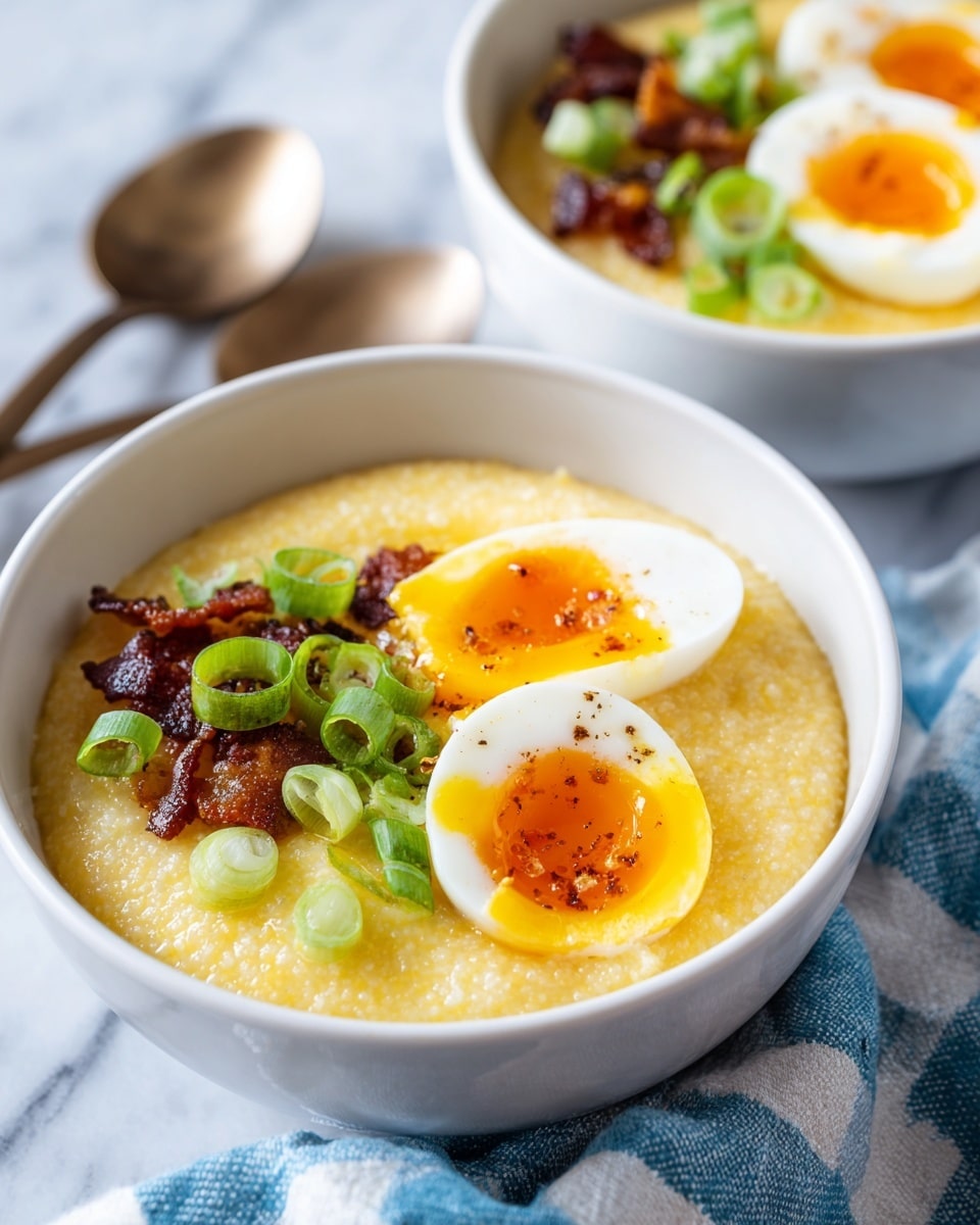 Two white bowls each have three layers: a bottom layer of thick, creamy yellow grits with a slightly grainy texture, a middle layer of crispy, dark brown bacon pieces scattered on one side, and a top layer featuring a halved soft-boiled egg with bright orange yolks surrounded by firm white; green slices of fresh scallions are sprinkled over the eggs and grits, all resting on a white marbled surface with a blue and white checkered cloth and two bronze spoons nearby, photo taken with an iphone --ar 4:5 --v 7