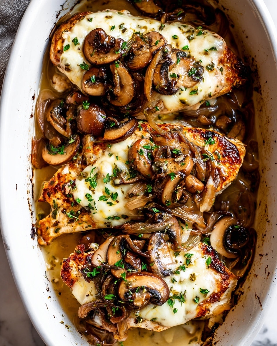 The dish shows three pieces of grilled chicken breast with a light golden brown color and slight char marks on the edges, each topped with melted white cheese. On top of the cheese, there is a layer of sliced sautéed mushrooms and translucent caramelized onions, which have a glossy, slightly browned texture. The entire dish is sprinkled with small bits of fresh green herbs scattered evenly on top. All of this is in a white baking dish with a shiny, juicy sauce pooling around the chicken. The scene is set on a white marbled textured surface. photo taken with an iphone --ar 4:5 --v 7