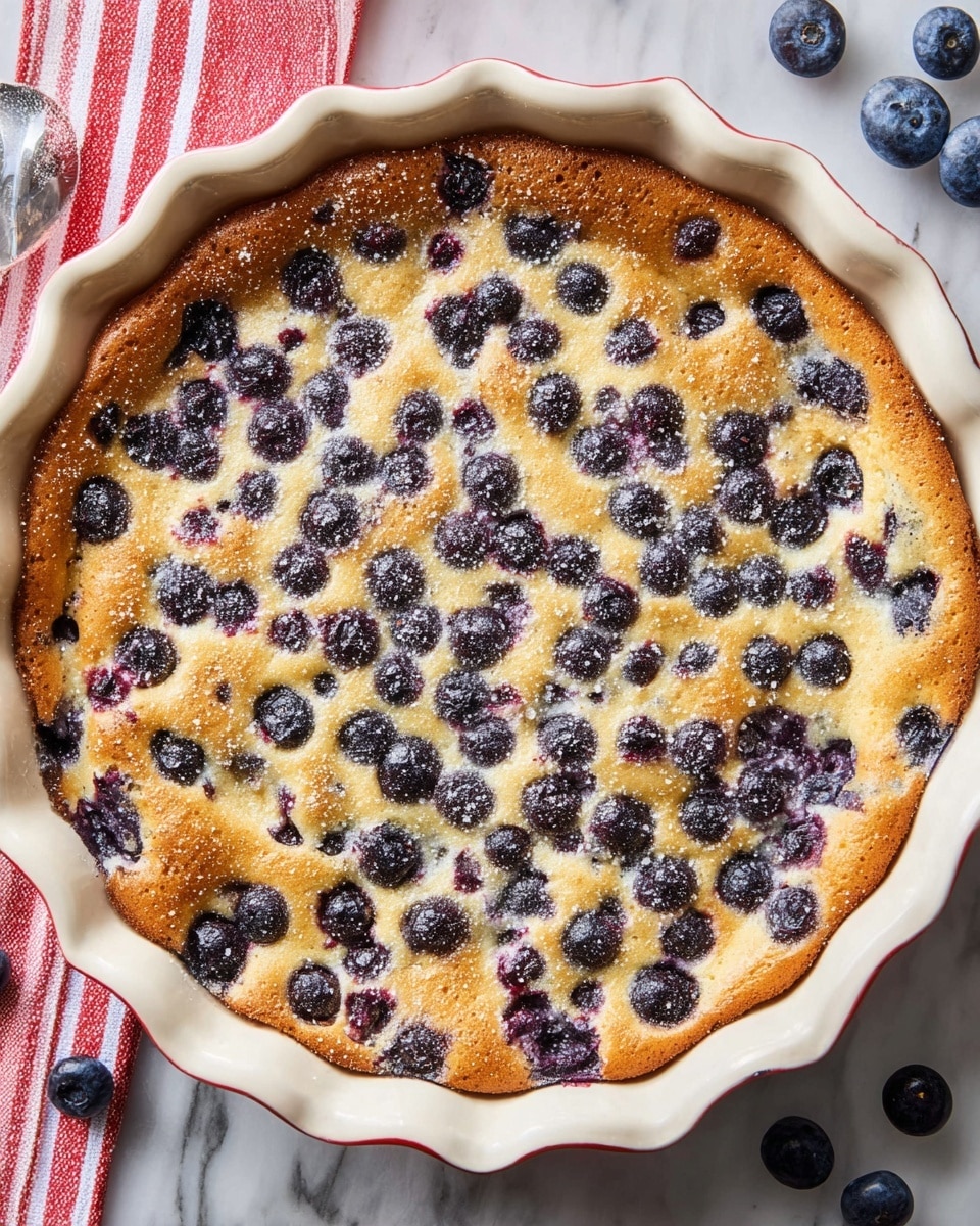 A scalloped white ceramic dish holds a single-layer golden brown baked blueberry clafoutis, with many whole blueberries baked inside the batter, their deep blue and purple colors visible all over the top surface. The clafoutis has a slightly uneven, soft texture with some slightly raised areas around the berries, and a light dusting of sugar adds a subtle sparkle. A few fresh blueberries sit near the dish on a white marbled surface, with a corner of a red and white striped cloth partially visible next to the dish. Photo taken with an iphone --ar 4:5 --v 7