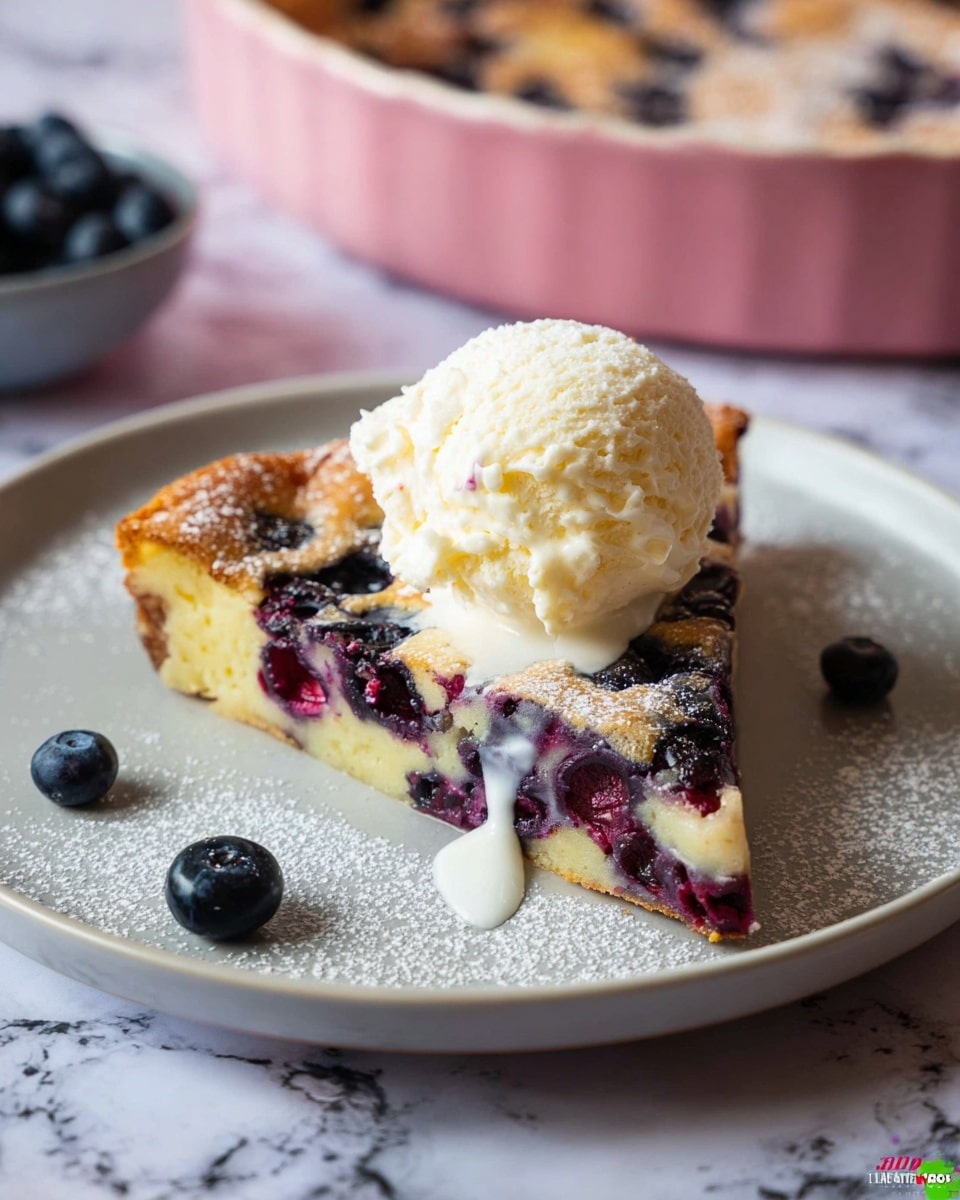 A slice of blueberry clafoutis sits on a white plate, showing two distinct layers: the bottom is creamy and light yellow, while the top is golden brown with baked blueberries scattered throughout, some bursting and releasing purple juice. A scoop of melting vanilla ice cream rests on top, with its smooth, creamy texture slowly dripping onto the warm clafoutis. Around the plate are a few whole blueberries and a light dusting of powdered sugar. The background is a white marbled surface with a pastel pink baking dish blurred in the back. Photo taken with an iphone --ar 4:5 --v 7