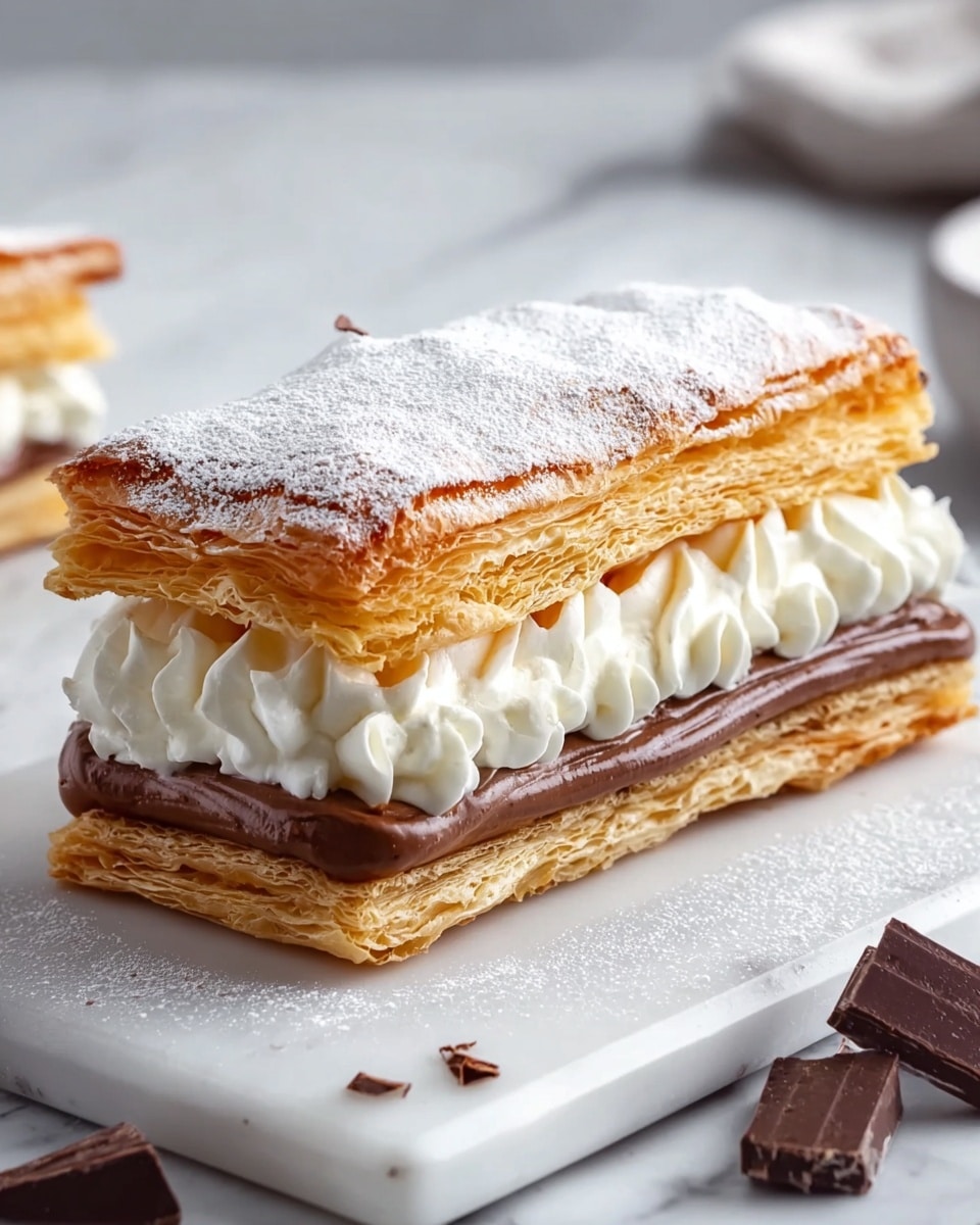 A rectangular layered pastry sits on a white marbled surface dusted with powdered sugar. The bottom layer is a golden flaky crust, topped by a thick, creamy milk chocolate layer with a smooth, slightly whipped texture. On top of the chocolate is a light, airy white cream layer, followed by a second golden flaky crust layer with a slight ridge and a dusting of powdered sugar on top. The pastry shows clear, defined layers and a small piece of chocolate is visible near the bottom right corner. In the background, there is a blurred second pastry piece and a cup of coffee on the white marbled surface. Photo taken with an iphone --ar 4:5 --v 7