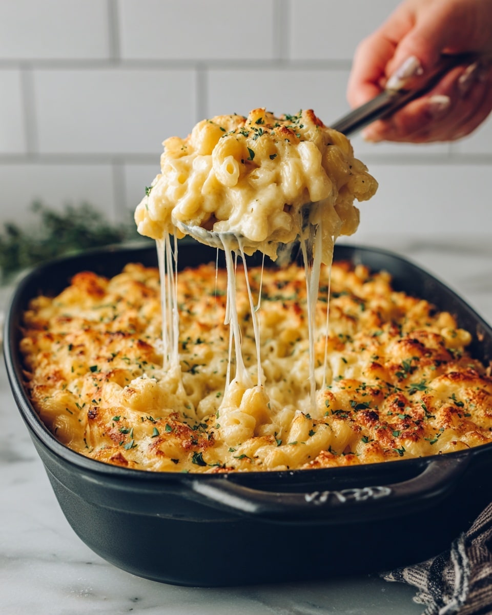 A close-up of a baked dish in a black rectangular pan filled with a golden, bubbly cheese layer browned in spots, showing a rich mix of melted yellow and white cheeses spread evenly across the top. The dish texture looks creamy and slightly crispy at the edges, with the pan placed on a white marbled surface in front of a white tiled wall. Kitchen utensils with black handles stand in the background in a holder. Photo taken with an iphone --ar 4:5 --v 7