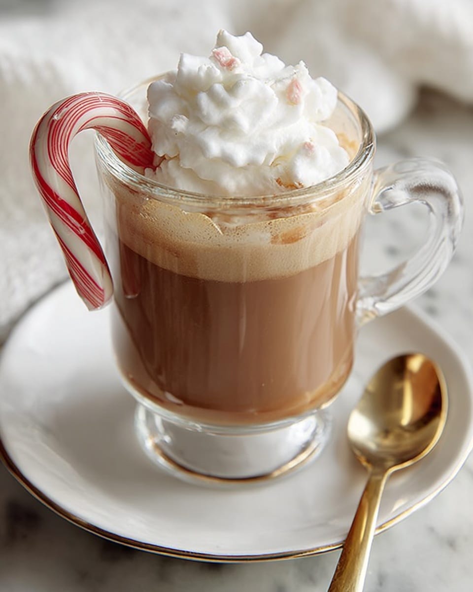 A clear glass mug filled with three layers: the bottom layer is a smooth, light brown hot chocolate, the middle layer is a frothy light tan foam, and the top layer is a generous swirl of white whipped cream. A red and white striped candy cane hangs on the edge of the mug's handle. The mug sits on a white saucer with a gold spoon to the right side of the mug, all placed on a white marbled surface. photo taken with an iphone --ar 4:5 --v 7