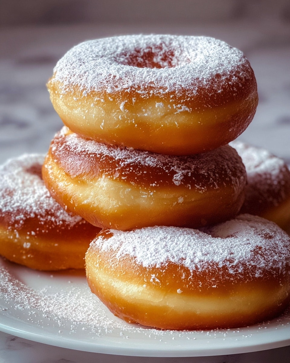A close-up of four golden brown donuts stacked on a white plate, each donut having a light dusting of white powdered sugar on top that contrasts with its shiny, slightly crispy surface. The donuts show a soft and fluffy texture underneath the browned outer layer, with the top donut resting slightly askew, revealing the round hole in the middle. The white plate sits on a white marbled texture, adding a clean and bright background to the image. photo taken with an iphone --ar 4:5 --v 7