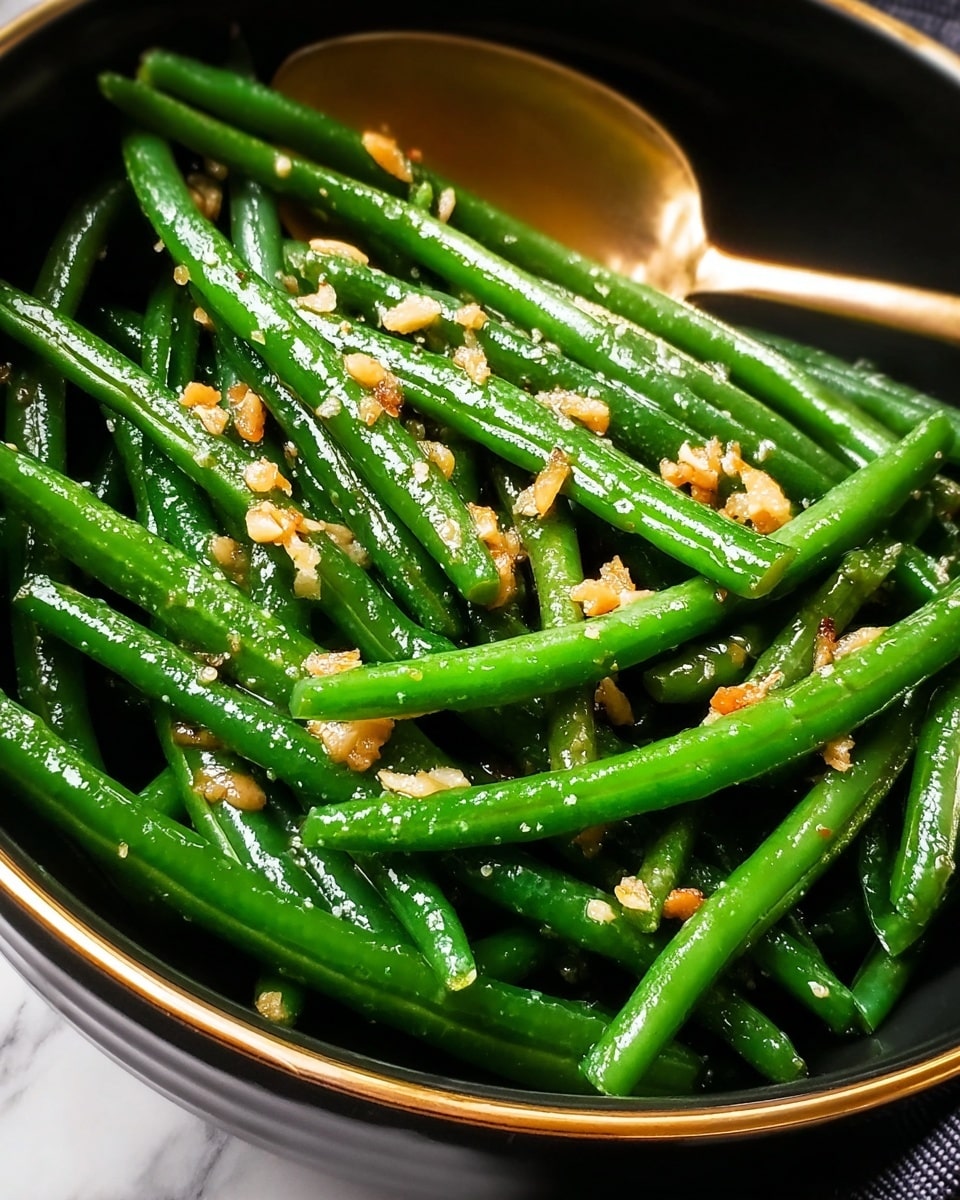 A close-up view of a black bowl filled with bright green cooked green beans that have a shiny, slightly oily texture. Small pieces of light golden-brown cooked garlic are scattered evenly across the green beans. A golden spoon is partially visible inside the bowl, resting among the beans. The whole setting sits on a white marbled surface. photo taken with an iphone --ar 4:5 --v 7