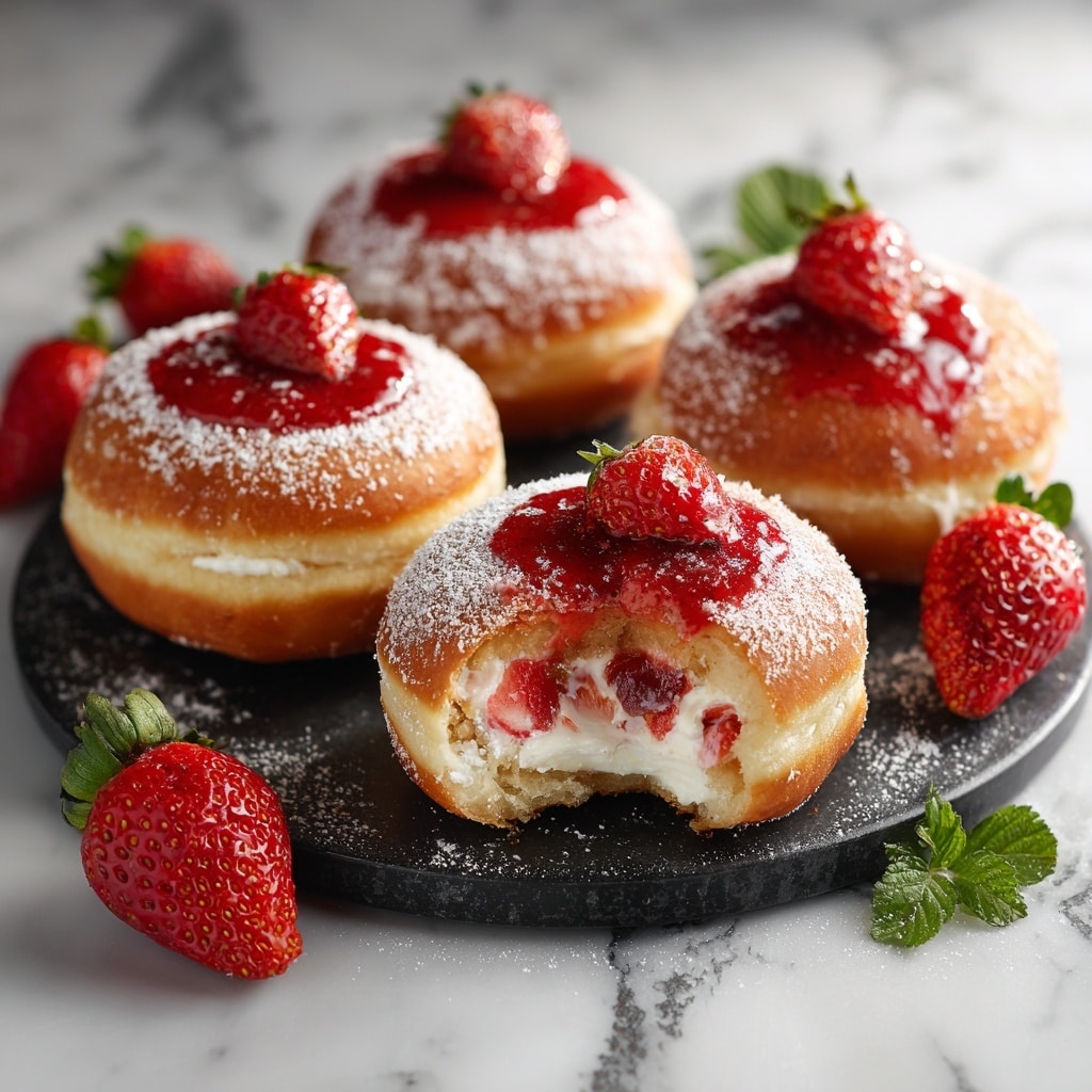 Five round donuts sit on a white plate placed on a white marbled texture. Each donut has two layers, a golden-brown base with a slightly darker edge and a thick white glaze on top that drips slightly down the sides. On top of the glaze, there are pieces of red strawberries placed in the center of each donut, with some crushed strawberry bits mixed into the glaze. The donuts are lightly dusted with powdered sugar, adding a soft white contrast to the bright red strawberries. The scene is lit warmly, highlighting the shiny glaze and juicy strawberries. photo taken with an iphone --ar 4:5 --v 7
