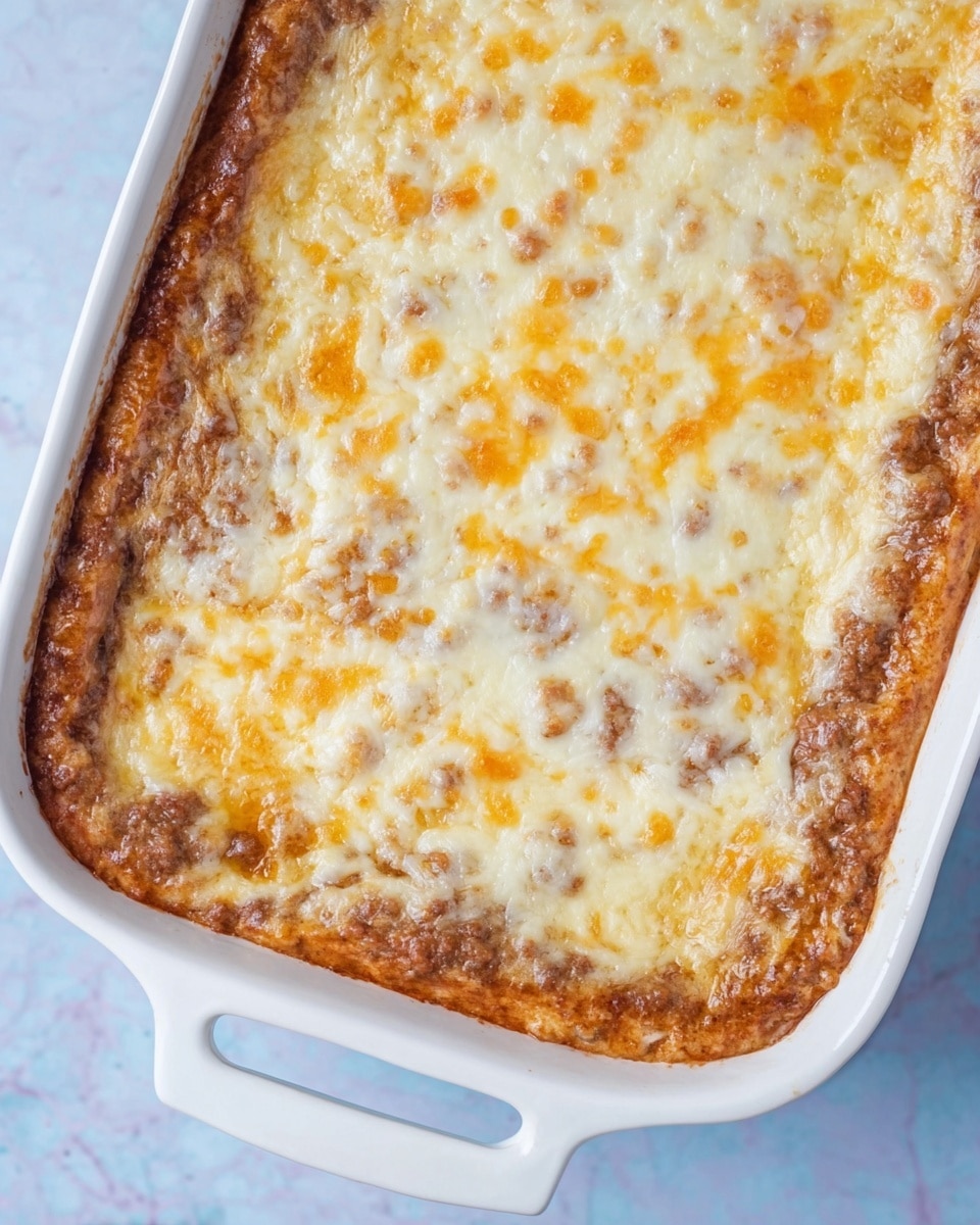 The dish is a baked casserole with a golden brown crust along the edges, showing a slightly crispy texture. The middle layer is covered with a melted cheese layer that is creamy white with small spots of light orange, indicating a mix of cheeses. Underneath the cheese, there is a light brown layer that looks soft and slightly chunky, hinting at a filling made from ground ingredients. The casserole is presented in a white baking dish with handles, placed on a surface with a white marbled texture. The photo taken with an iphone --ar 4:5 --v 7